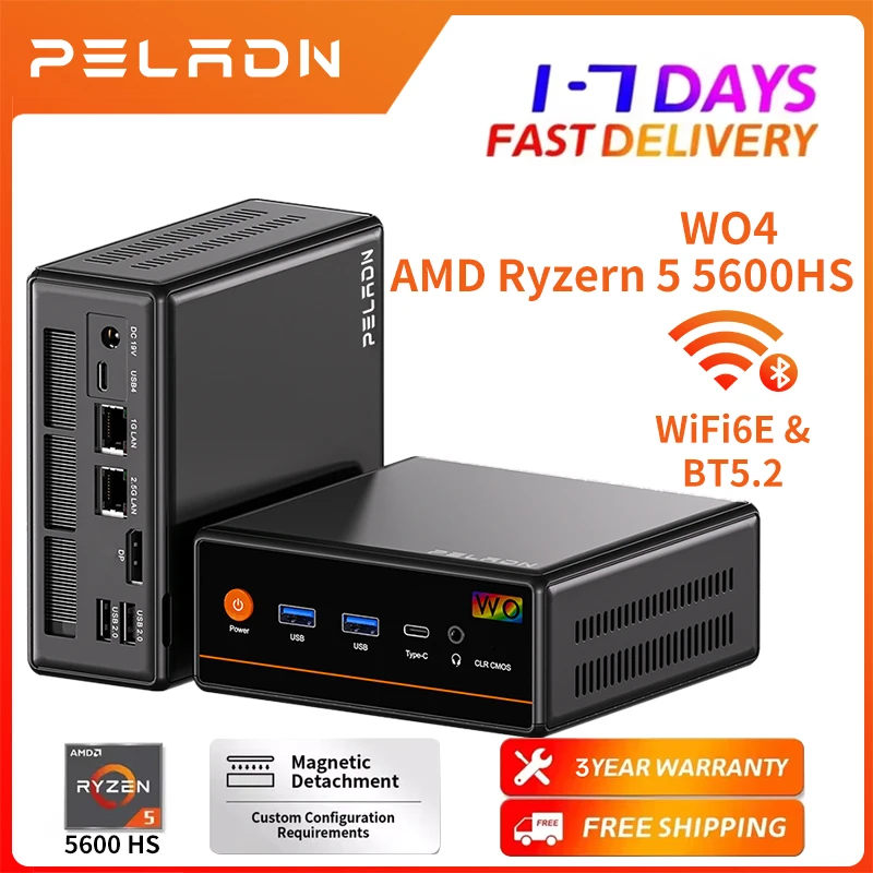 PELADN Mini-PC AMD Ryzen 5 5600H (6C/12T, bis zu 4,2 GHz), WiFi 6/BT5.2 Micro-PC für Gaming, 3 Jahre Garantie & Office Barebone Image