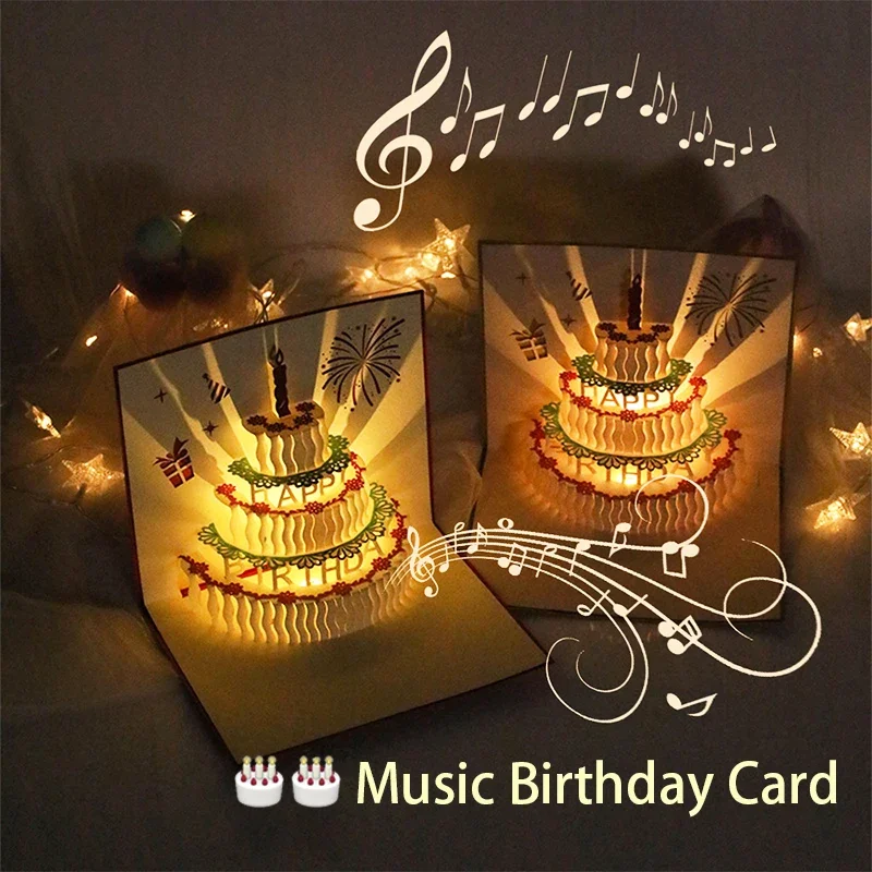 3D-Geburtstagskarte mit leichter Musik, Pop-Up-Kuchen, kreative Grußkarte, alles Gute zum Geburtstag, Party, Geschenk, Nachrichtenkarten Image