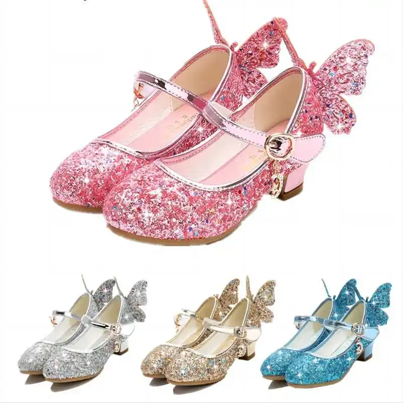 Prinzessinnen-Schmetterling Lederschuhe für Kinder mit Diamant-Schleife und Hohem Absatz, Glitzer-Tanzschuhe für Mädchen, Modische Party-Tanzschuhe