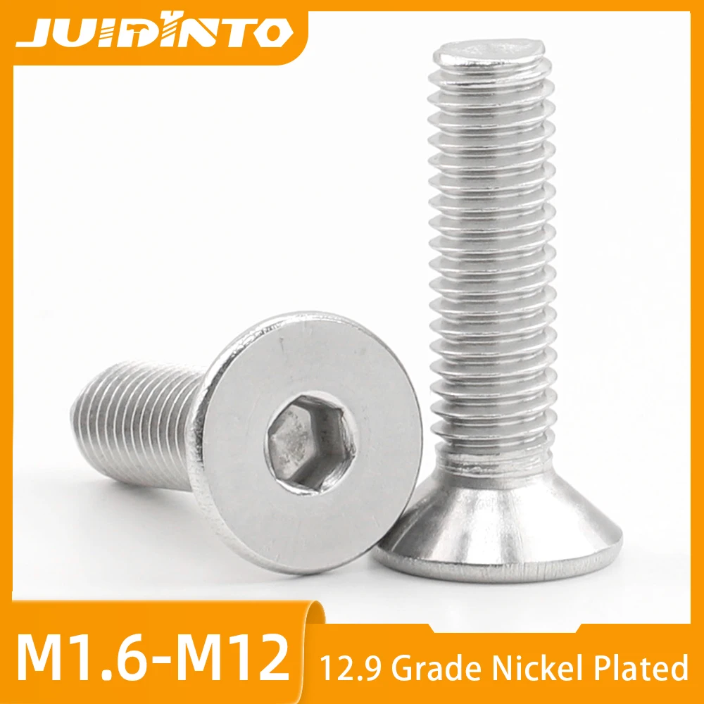 JUIDINTO 2-50 Stück 12.9 Grad vernickelte Innensechskantschrauben mit Flachkopf M2 M2.5 M3 M4 M5 M6 M8 M10 CSK Maschinenschrauben DIN7991 Image