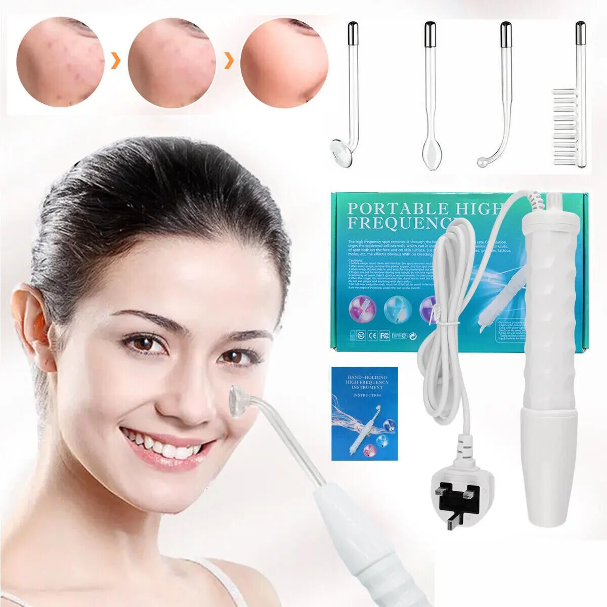 Appareil de soin du visage à haute fréquence, Appareil de soin du visage à haute fréquence avec 4 peignes d