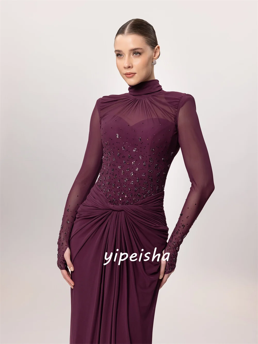 Customized Purple Sparkle Luxury Chiffon Pleat Beading Sequined Draped Straight High Collar Long Dresses Evening Dresses Retre