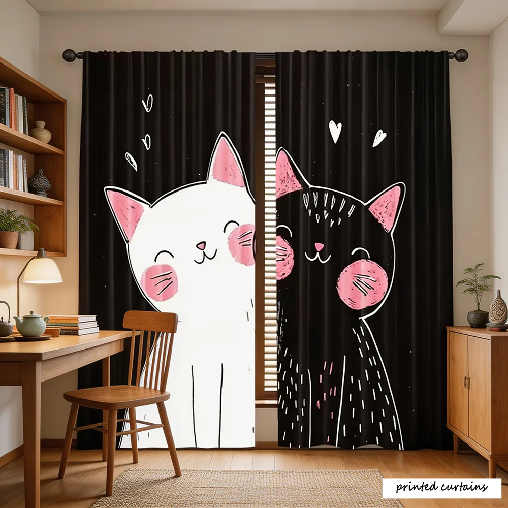 2 Stück, Schwarz und Weiß, Niedlicher Cartoon-Katzen-Druck, Cartoon-Stil, Flach bedruckter Vorhang, Stangenschlaufen-Stil, 0%-40% Lichtblockierung, Nein Image