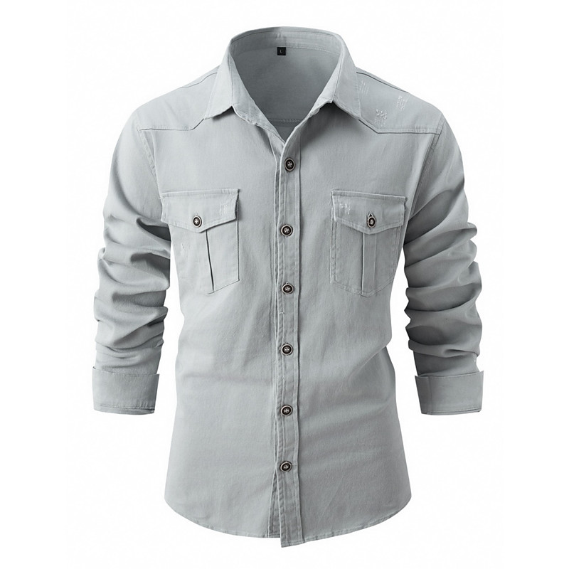 Men's Shirt Casual Shirt Work Shirt Button Up Shirt Cargo Shirt 100% Cotton Acid Wash Shirt Blue Black Navy Blue khaki Light Grey Long Sleeve Plain Shirt Collar Casual Daily Front Pocket Clothing