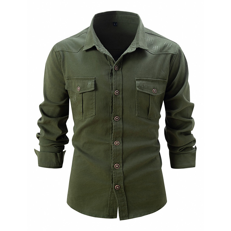 Men's Shirt Casual Shirt Work Shirt Button Up Shirt Cargo Shirt 100% Cotton Acid Wash Shirt Blue Black Navy Blue khaki Light Grey Long Sleeve Plain Shirt Collar Casual Daily Front Pocket Clothing