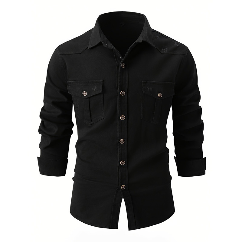 Men's Shirt Casual Shirt Work Shirt Button Up Shirt Cargo Shirt 100% Cotton Acid Wash Shirt Blue Black Navy Blue khaki Light Grey Long Sleeve Plain Shirt Collar Casual Daily Front Pocket Clothing