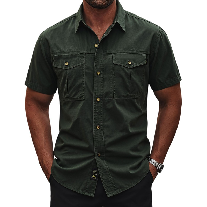 Men's Shirt Casual Shirt Work Shirt Button Up Shirt Cargo Shirt 100% Cotton Acid Wash Shirt Black Yellow khaki Dark Blue Military Green Short Sleeve Plain Shirt Collar Casual Daily Front Pocket