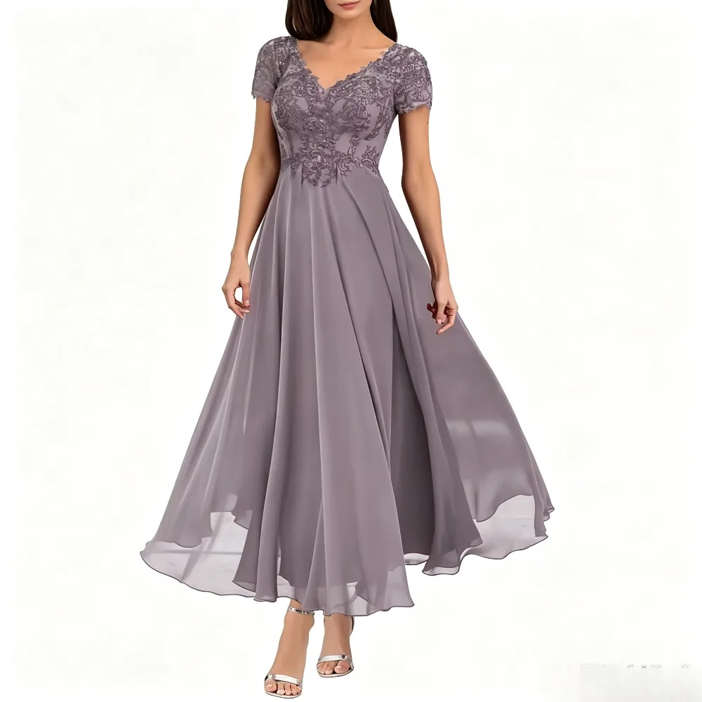 Gray Formal Evening Dress with V-Neck, Lace Appliqué Bodice Short Sleeves and Flowy Chiffon A-Line Skirt for Mother of the Bride