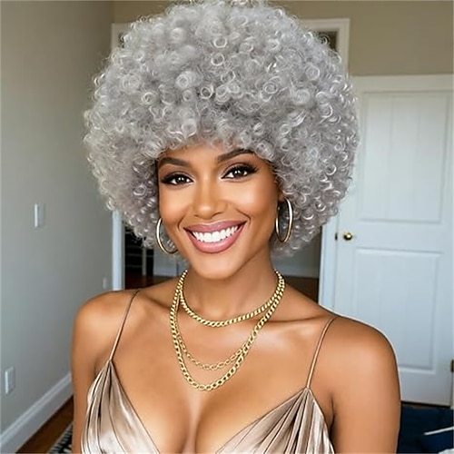 Synthetische Perücken 80er Lockig Mit Pony Perücke Kurz Dunkelbraun Silber-Grau Hellbraun Synthetische Haare Damen Geruchsfrei Weich Party Silber Grau Hellbraun Image