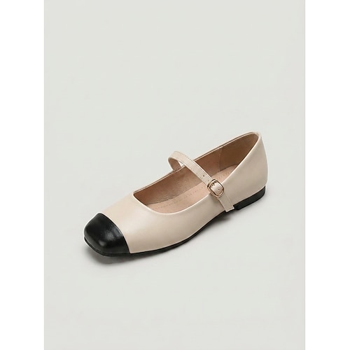 Burgunderrote Mary-Jane-Schuhe für Damen – zweifarbige schwarze Ballerinas mit Kappe für gerade geschnittene Jeans, lässige Streetwear und Bürokleidung Image