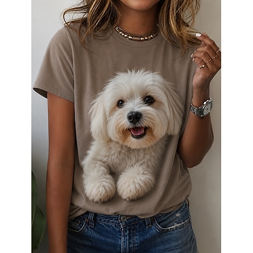 Damen T Shirt Druck Grafik Tiermotiv Hund Vintage Stilvoll Lässig Kurzarm Rundhalsausschnitt Normale Oberteile Lässig Täglich Wochenende Khaki Schwarz Sommer Frühling
