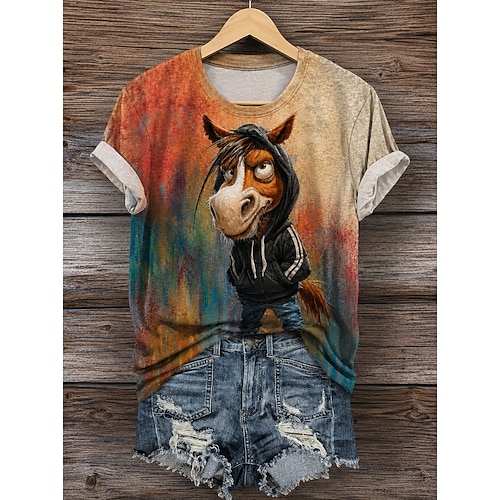 Damen T Shirt Druck Grafik Tiermotiv Giraffe Vintage Stilvoll Klassisch Kurzarm Rundhalsausschnitt Rundhals Normale Oberteile Lässig Täglich Wochenende Hellorange Orange Grau Sommer Frühling Herbst