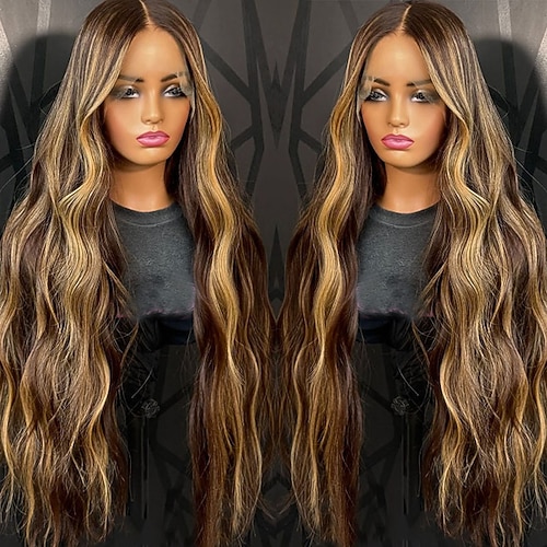 Echthaarperücke (5x5 Closure, 13x4 Lace Front), Mittelscheitel, brasilianisches Haar, gewellt, honigblond, braun gesträhnt, mit Babyhaaren, Balayage-Technik, natürlichem Haaransatz, 100 % unbehandelt, Image