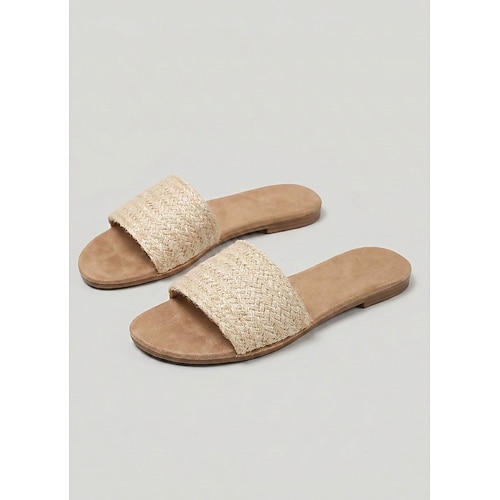 Beige gewebte Damen-Sandalen – lässige, flache Espadrilles mit offener Zehenpartie und Strohriemen für den Strand und den Urlaub Image