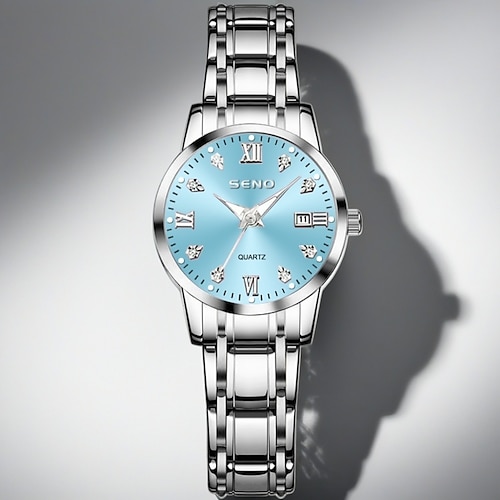 Elegante Damenarmbanduhr mit silberfarbenem Edelstahlarmband, eisblauem Zifferblatt mit Kristallmarkierungen, wasserdichter Quarzuhr mit Datumsanzeige, modischer Business-Uhr für Damen
