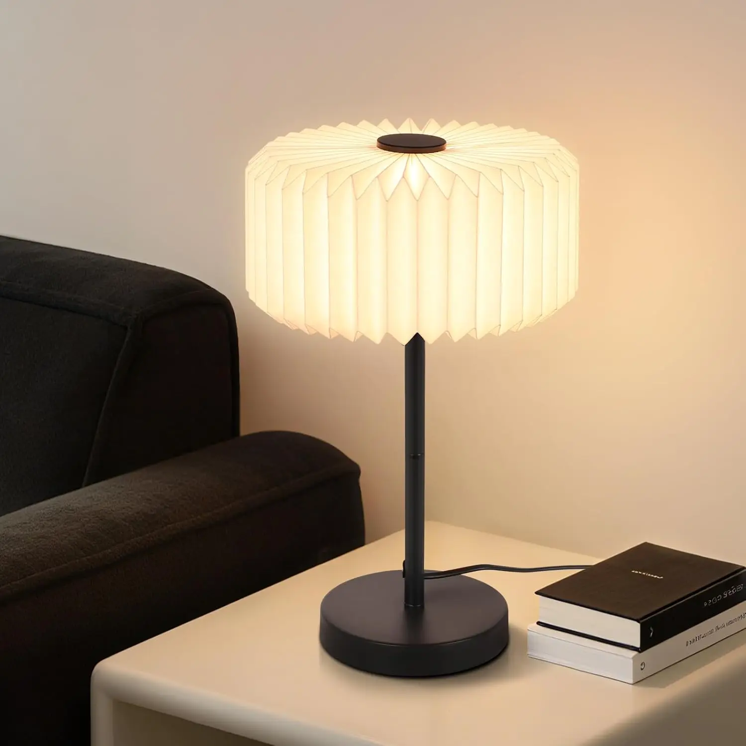 Lampe de chevet, lampe de table pour salon avec câble – lampe de table pour chambre à coucher, design vintage, lampe de chevet avec abat-jour en papier, lampe de lecture de nuit pour bureau ou salle à