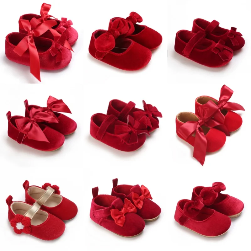 Frühling und Herbst Rot Flauschige Kinderschuhe 0-1 Jahre Alte Damen Schatzschleife Einfarbig Prinzessin Schuhe mit weichen Sohlen Babyschuhe