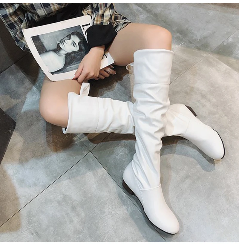 Schuhe für Damen, kniehohe Stiefel, rot, schwarz, weiß, hohe Stiefel, Damenstiefel mit plissiertem Absatz, lässige Lederschuhe für Damen, lange Schuhe