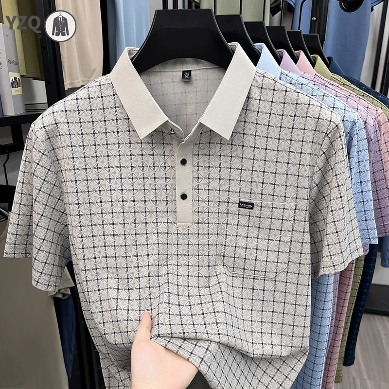 Business Casual Herren Kleinkariertes Polo Kurzarm Atmungsaktives Gewebe Kurze Urlaubs- und Wochenendkleidung für Partys