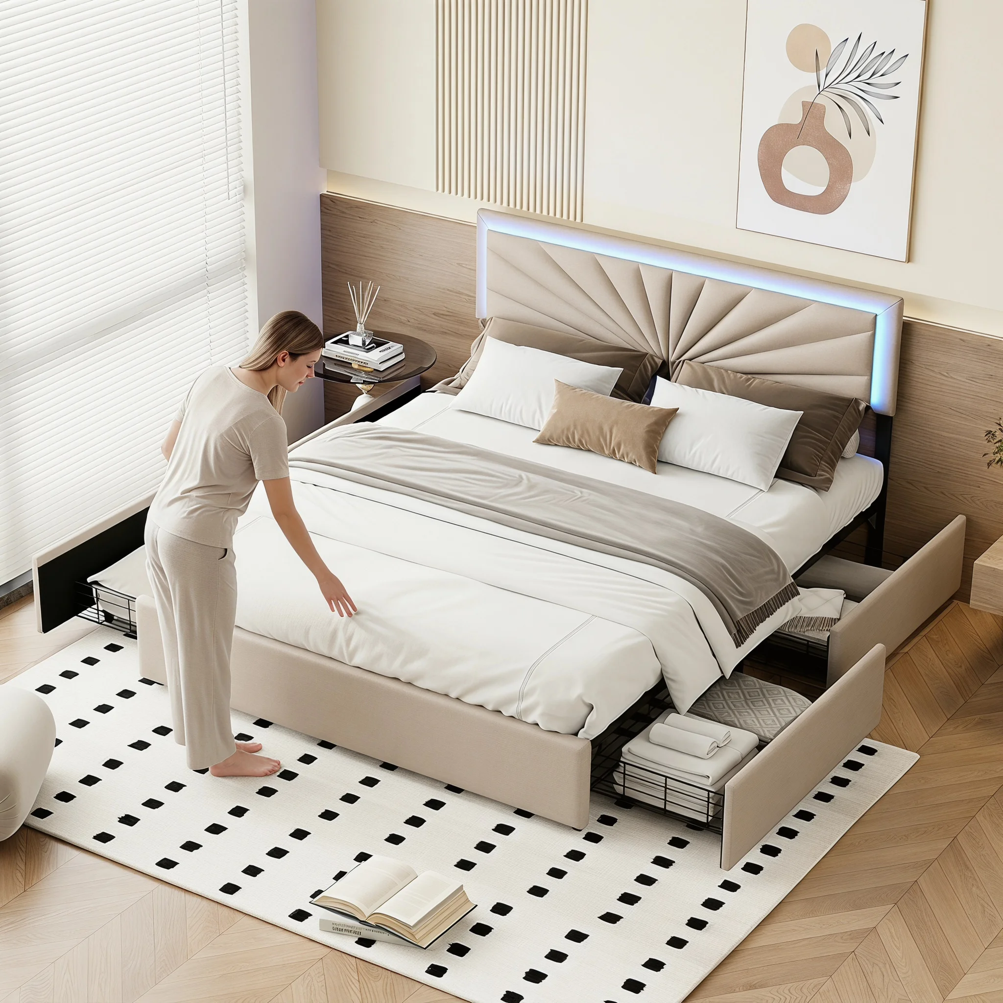 Lit rembourré Superaly 160 x 200 cm, lit double LED avec 4 tiroirs et sommier à lattes, tête de lit réglable en hauteur, sans matelas, linge de maison, beige