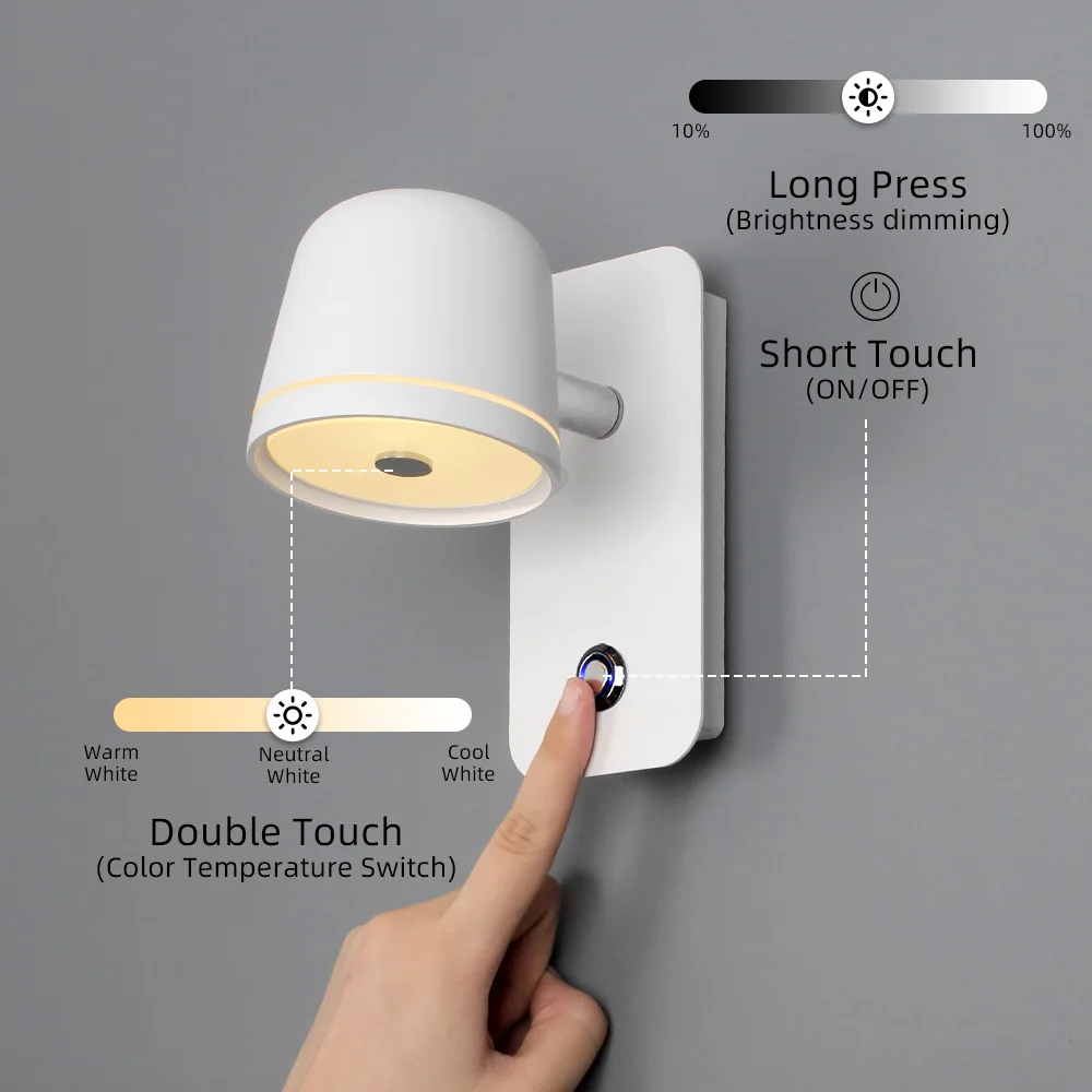 Aisilan 12W LED Dimmbare Wandleuchte mit Touch-Schalter, Helligkeitsregelung, 3-CCT Drehbare Wandleselampe für Nachttisch und Schlafzimmer