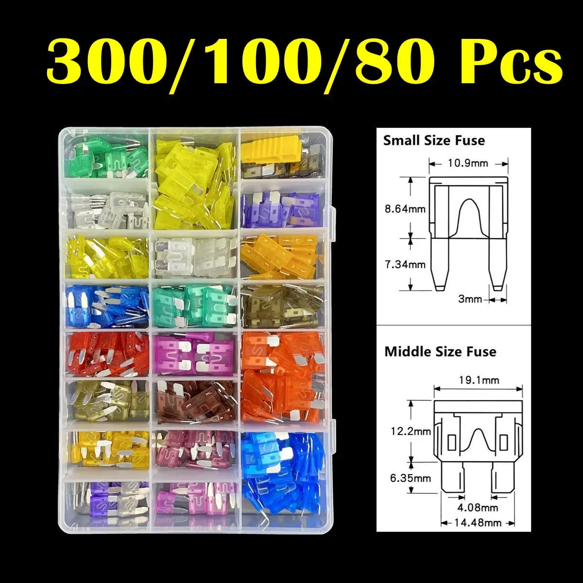 300/100 Stück Sortiment Kfz-Sicherungen mittlere Mini-Flachsicherung 2A/3A/5A/7,5A/10A/15A/20A/25A/30A/35A/40A Image