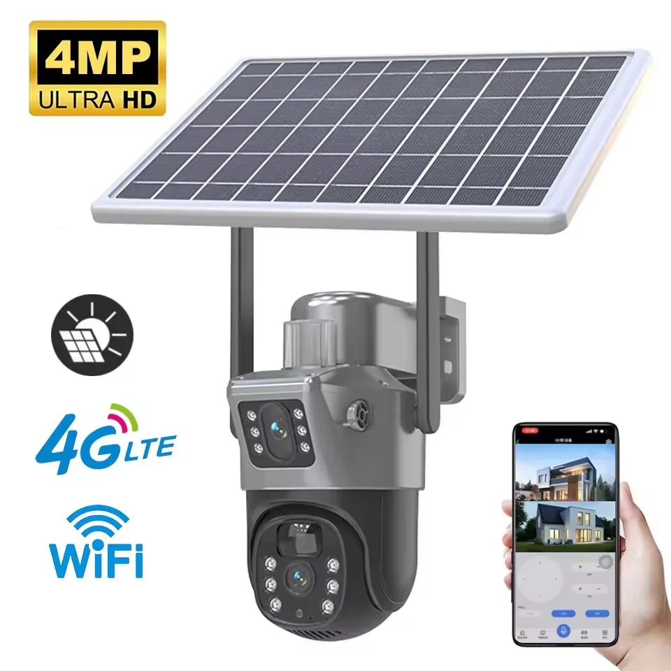 4mp wifi drahtlose ptz Solar kamera Dual Lens Dual Screen Outdoor 4g IP-Kamera Solar panel Audio Pir Sicherheits überwachungs kamera Image
