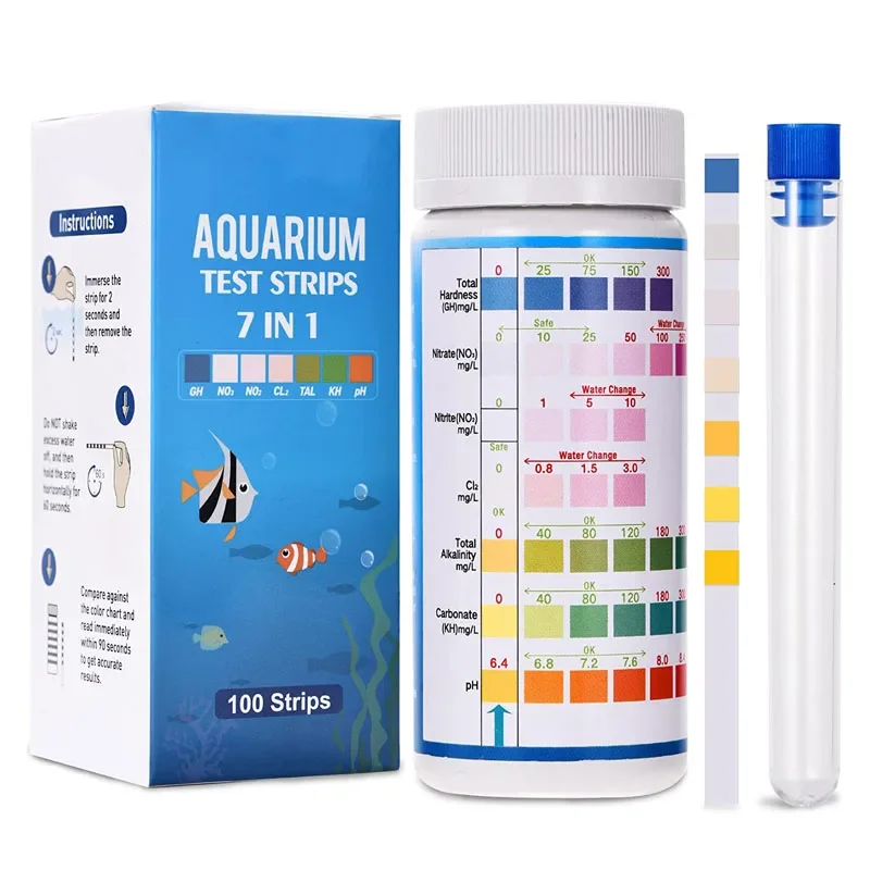 100 Stück 7-in-1 Aquarium-Teststreifen Aquarium-Testkit Süßwasser-Salzwasser-Aquarium-Wassertest zur Erkennung PH NO3 NO2 GH KH CI TCL Image