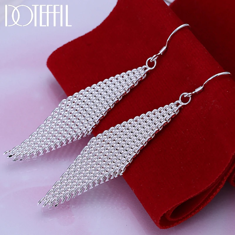DOTEFFIL Ohrringe aus 925er-Sterlingsilber mit langem Gitter und Blattform, für Damen, Schmuck, Mode, Hochzeit, Verlobung, Party, Geschenk Image