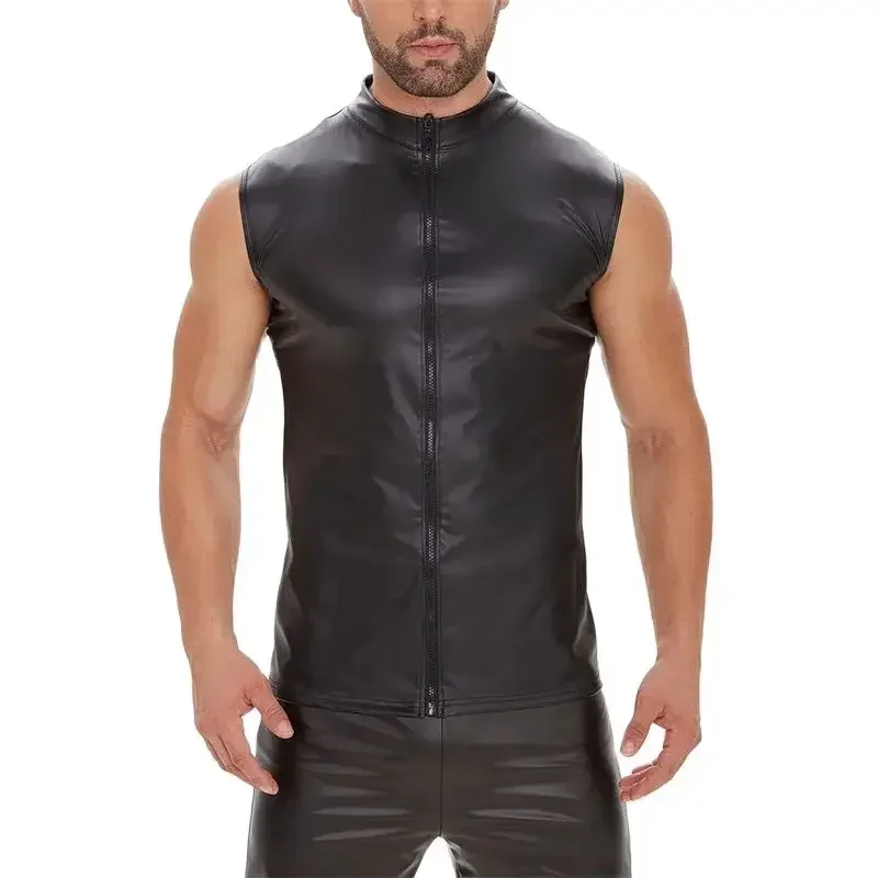 Männer Punk-Stil mattschwarz Lack leder Shirt Sommer ärmellose Reiß verschluss Strickjacke Bluse männlich Slim Fit Stretch Tops Freizeit weste Image