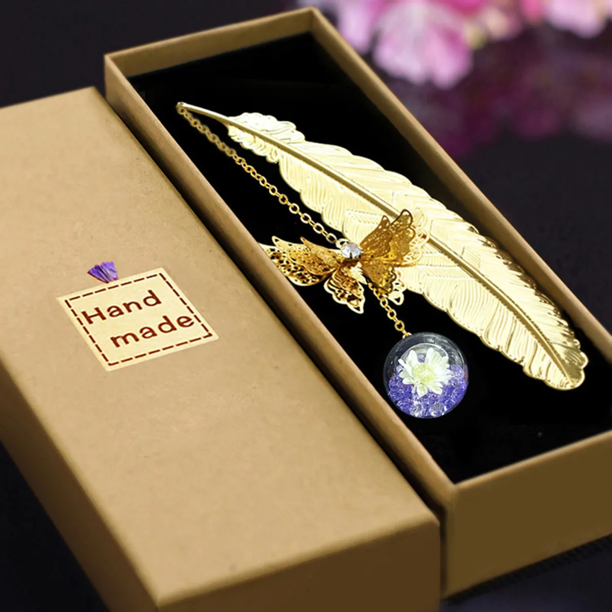 1pc Chinesischen Stil Metall Feder Lesezeichen Kreative Unsterblich Getrocknete Blume Schmetterling Blatt Student Lesezeichen Lehrer Tag Geschenk Image
