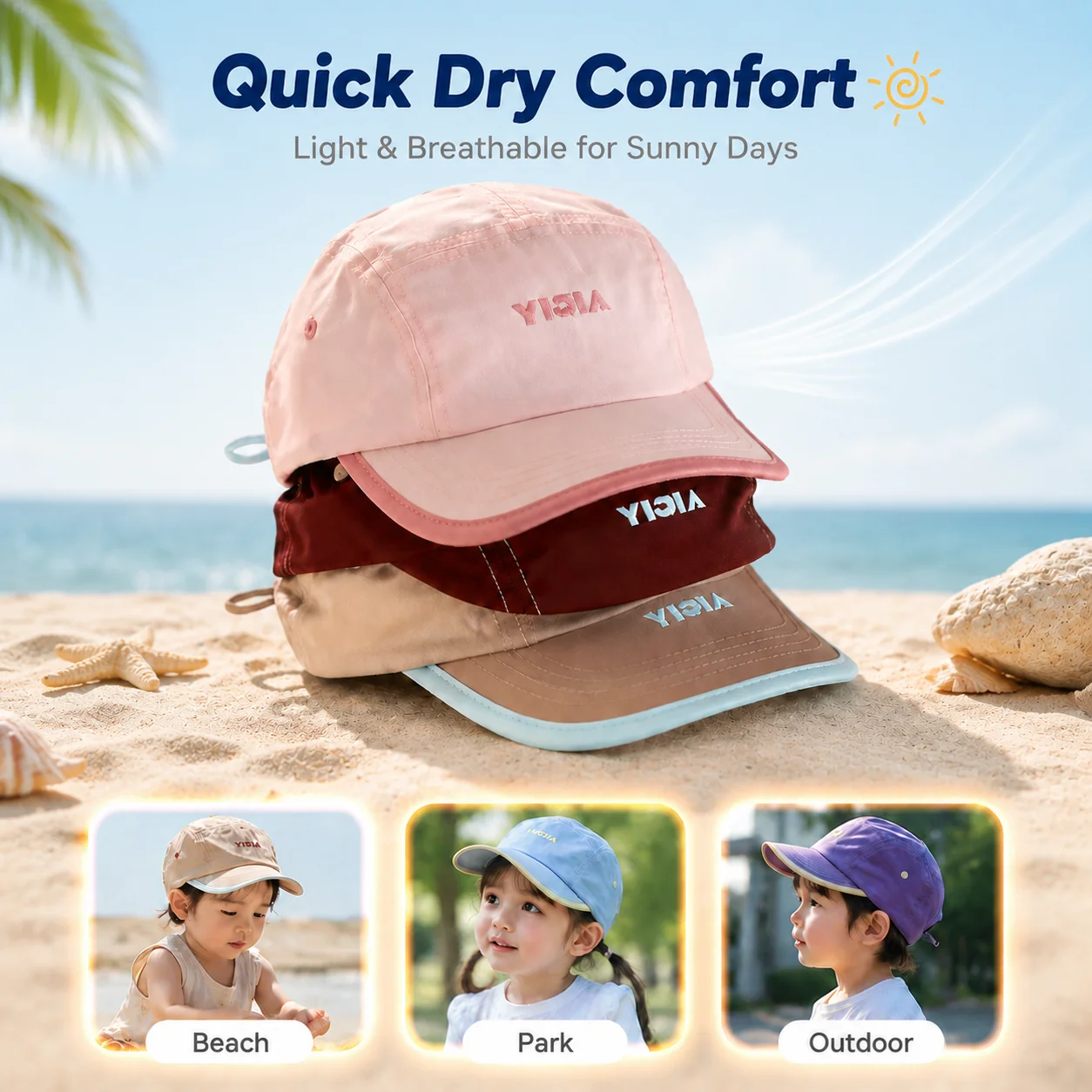 Leichte Kinder-Baseballkappe, atmungsaktiv, schnell trocknend, 5-Panel-Splice-Stich, modische Unisex-Schirmmütze für Frühling, Sommer, Outdoor, Alltag, vielseitig einsetzbar Image