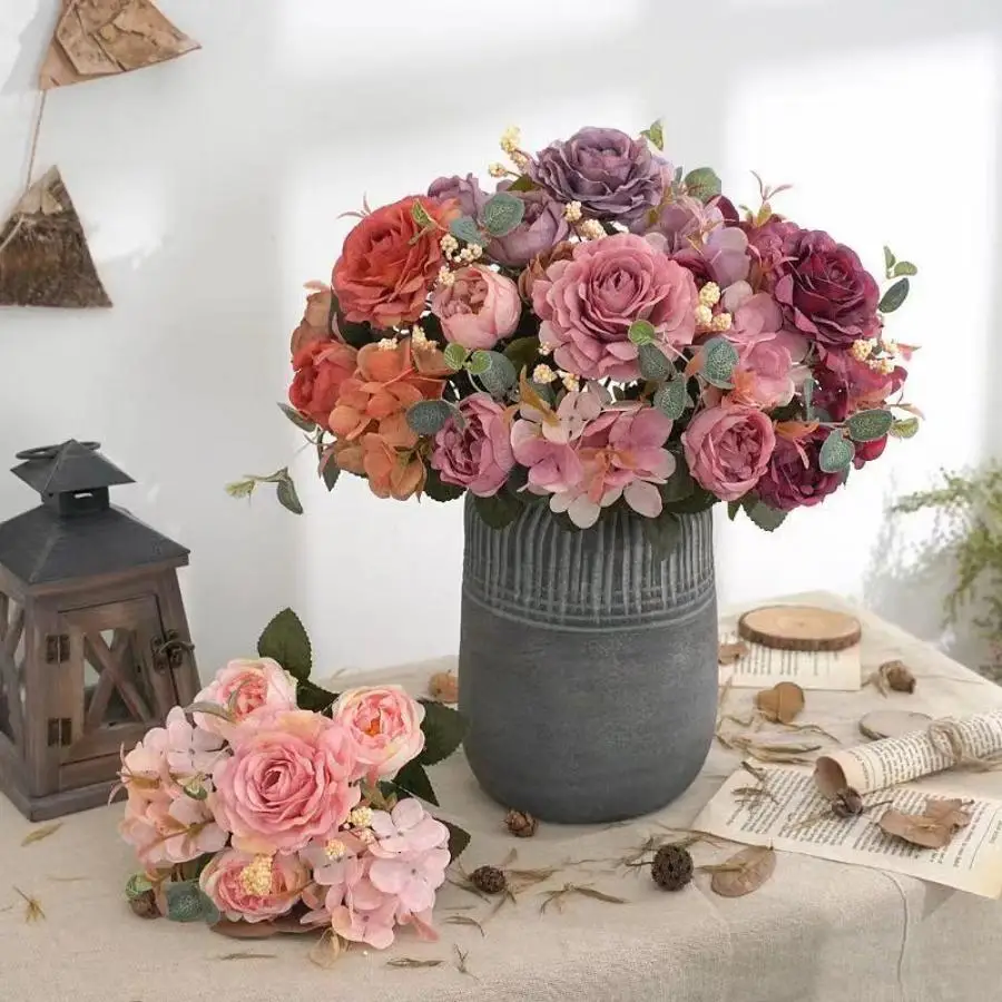 Künstliche Blumen Retro Seide Rose Bouquet Hortensie Pfingstrose Vintage Braut hält gefälschte Pflanzen Home Hochzeit Dekoration Zubehör Image
