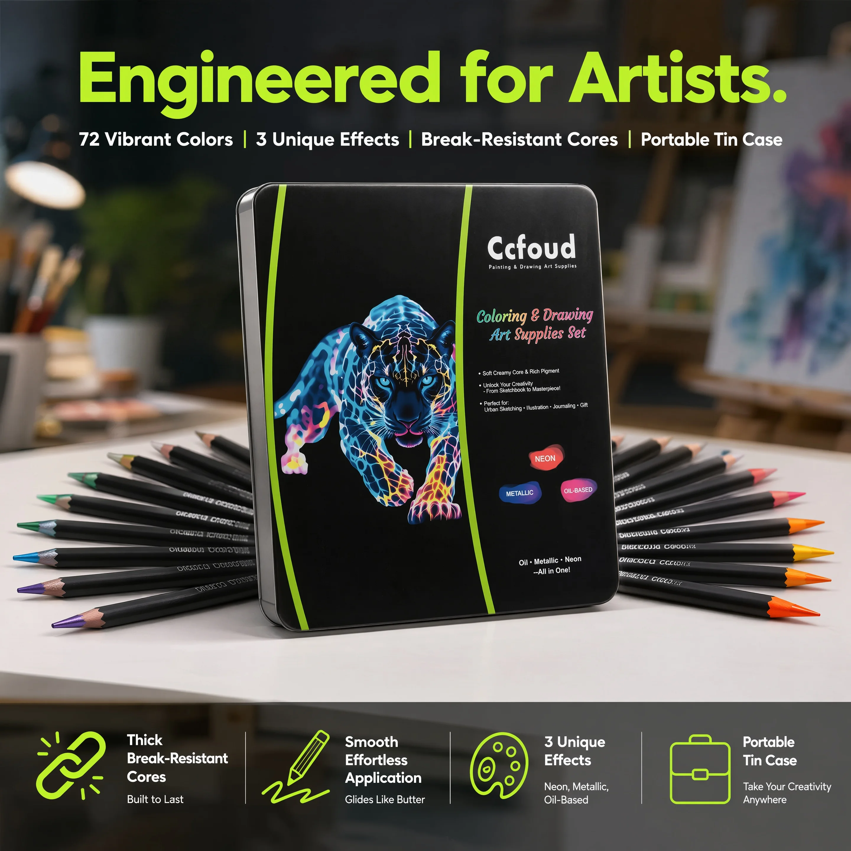 72-teiliges Kunst-Zeichenstift-Set, einschließlich ölbasierten, metallischen und neonfarbenen Pastellstiften. Ideal zum Skizzieren. Image