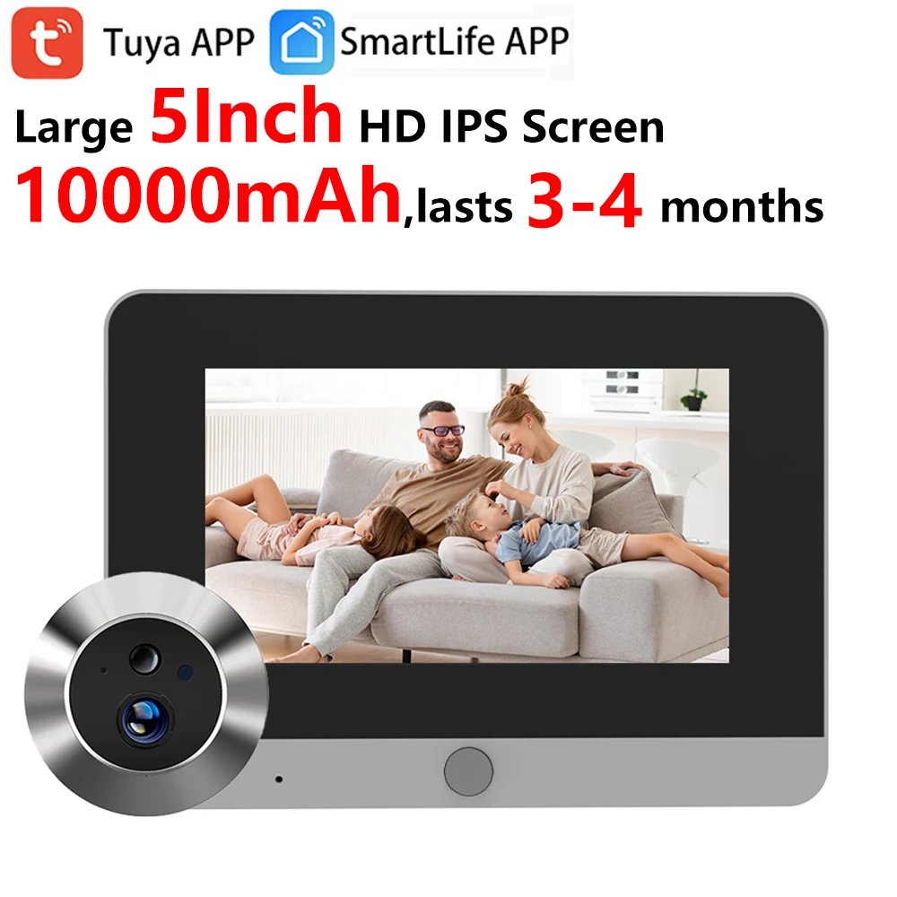 Tuya Smart 2MP 5-Zoll-Bildschirm Mini Digitaler Türspion WiFi IR PIR Bewegungsmelder Türkamera 10000mAh Akku, 3-4 Monate Betriebszeit