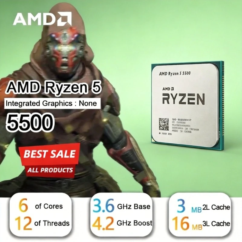 AMD R5 5500 CPU-Prozessor Ryzen 5 5500 4,2 GHz 6-Kern 12-Thread 65W TDP L3=16M Sockel AM4, aber ohne Kühler Image