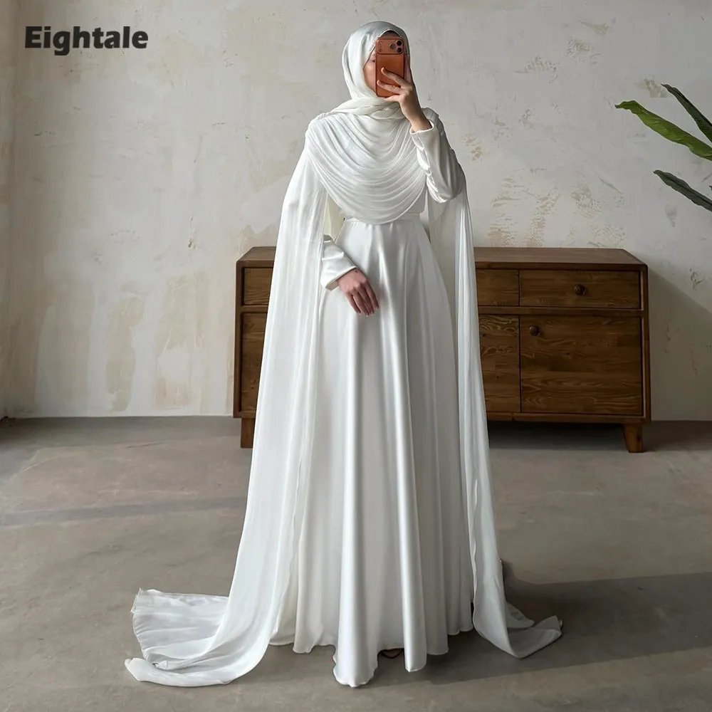 Eightale Arabic Wedding Dress O-Neck Customized Ivory Floor Length Muslim Long Sleeves Bridal Gown Party Dress