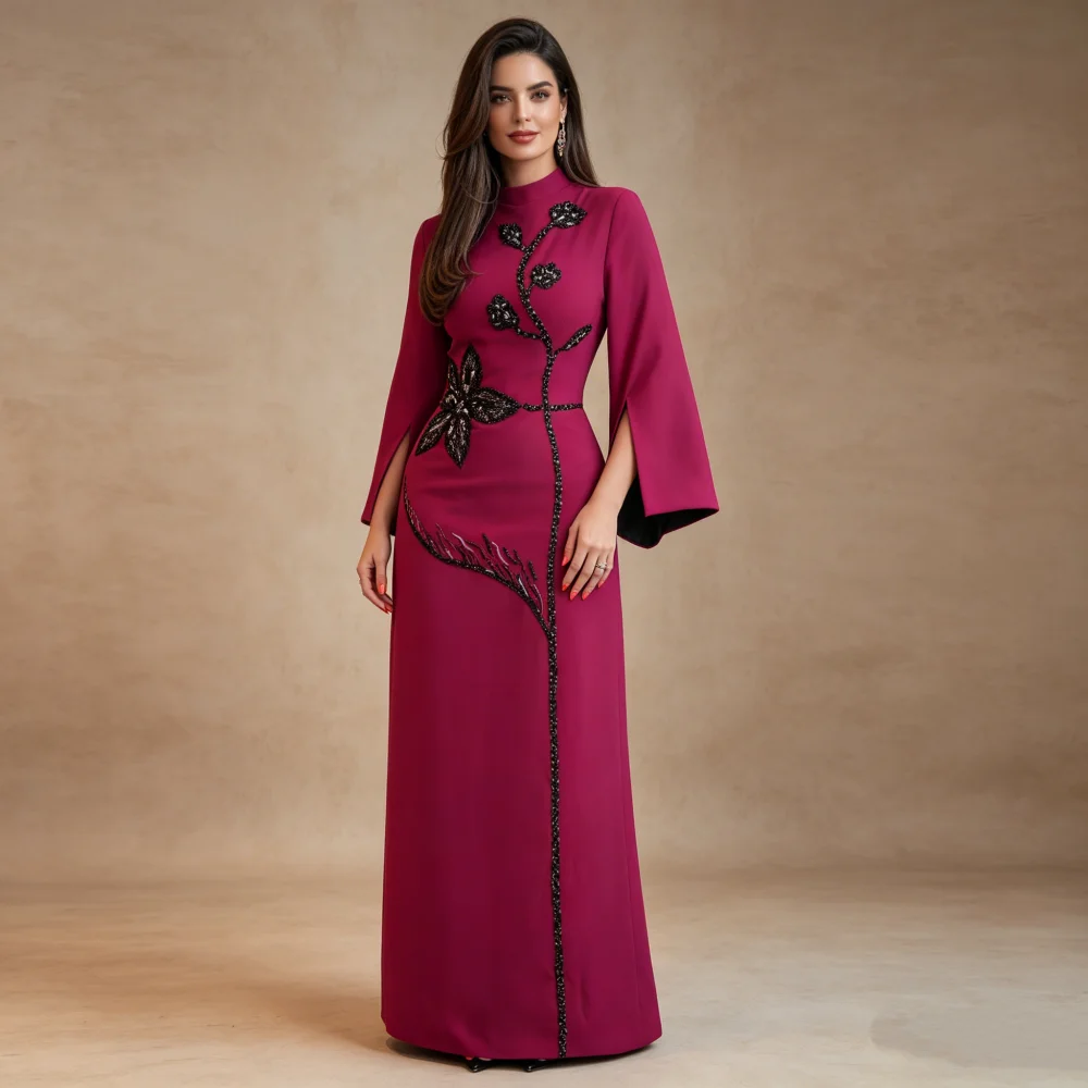 Customized Luxury High Collar Evening Gown with Glitter Pattern Classic Long Dresses Formal Party Dresses for Wedding Guest
