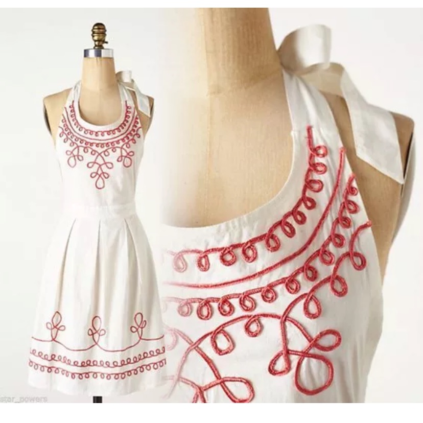 Anthropologie Kitchen | Anthropologie Apron Loop-Di-Loop Halter Embroidered Red White Cotton Kitchen Nwt | Color: Red/White | Size: Os