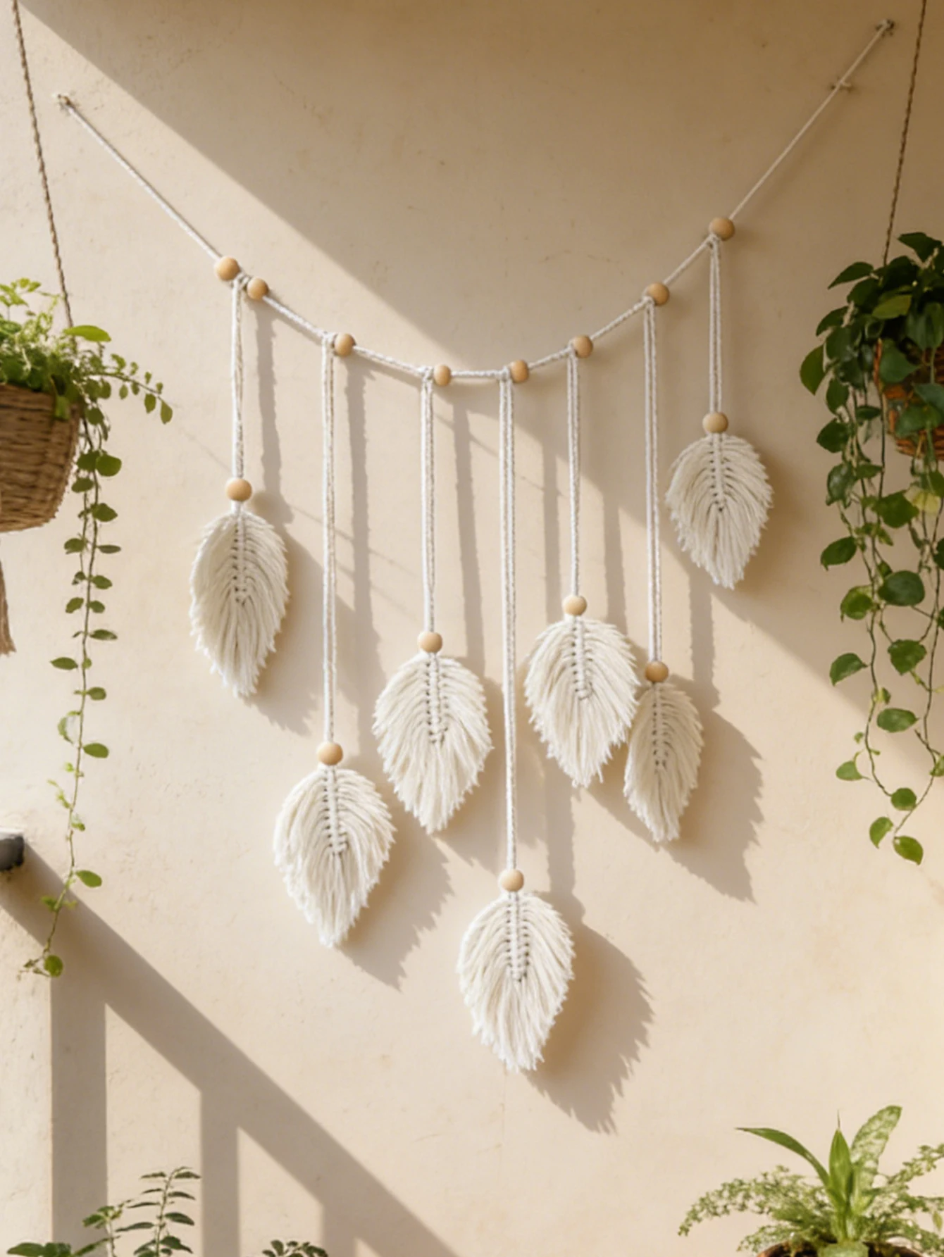 Boho Makramee Blatt-Wandbehang Girlande Grün&Weiß Gewebte Quasten Banner mit Holzperlen für Kinderzimmer Schlafzimmer Wohnzimmer Dekoration Image