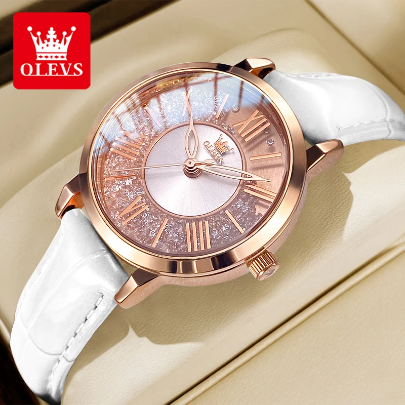 OLEVS 5539 Quarzuhr für Damen, fließendes Kristalldesign, römische Ziffernskala, Damen-Armbanduhr, Lederarmband, wasserdichte Uhren