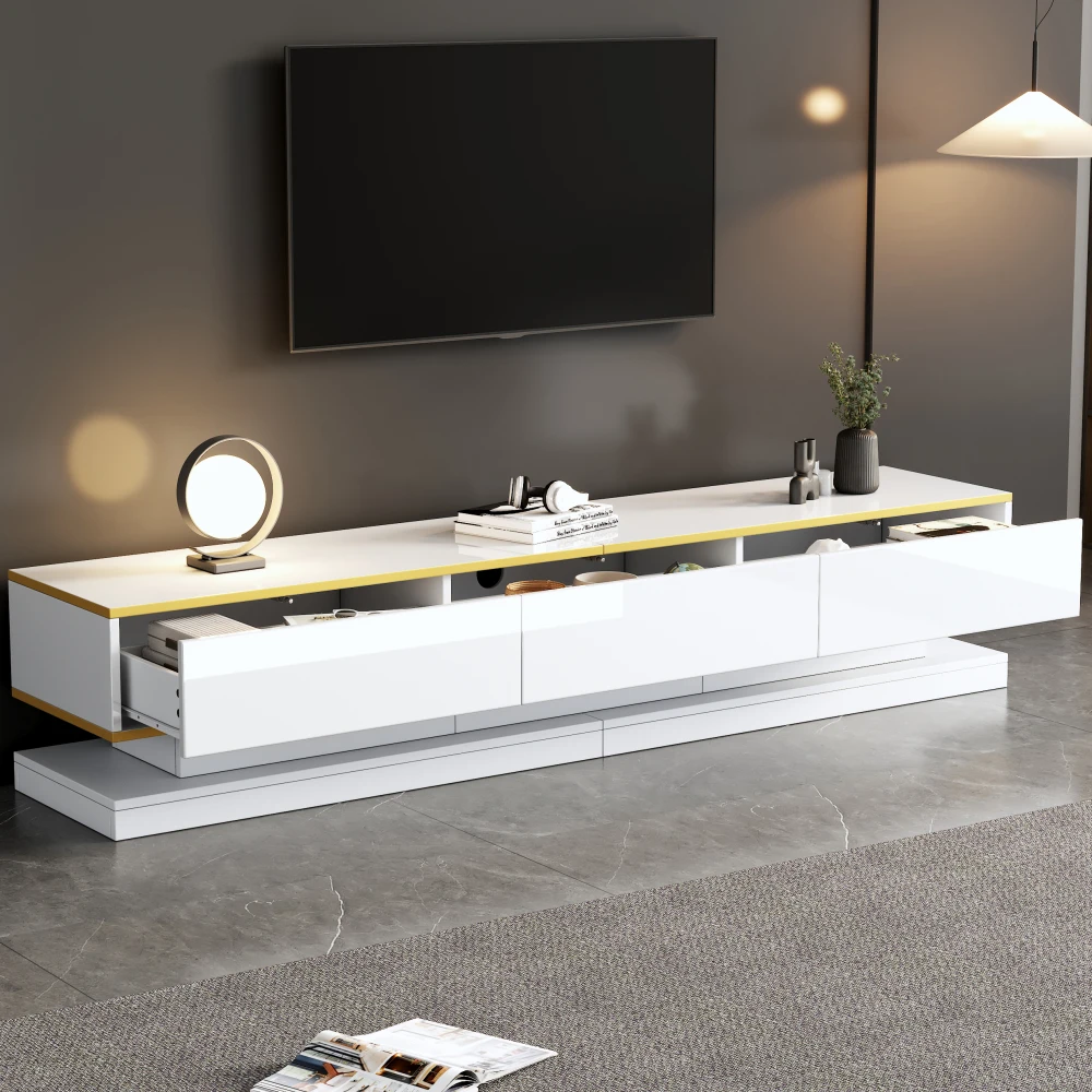 Meuble TV 200*40*40cm, Meuble bas avec 3 tiroirs, Meuble TV brillant, Meuble de salon avec grand espace de rangement, Table TV blanc chaud avec bord doré, Meuble TV sur pied