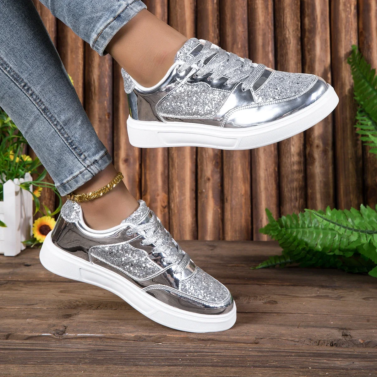 DJSUNNYMIX Damenschuhe, neue modische vulkanisierte Turnschuhe für Damen, Freizeitschuhe, Outdoor-Wanderschuhe, Silber