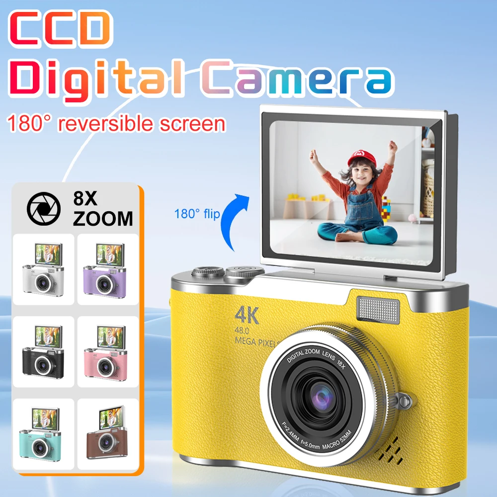 Appareil photo numérique 8X Zoom numérique Enregistreur vidéo Vlog vintage 180 ° Appareil photo numérique compact à écran rabattable Selfile pour enfant