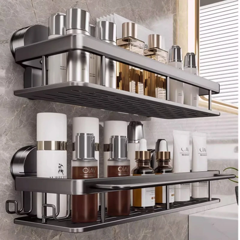 Support adhésif pour salle de bain, sans perceuse, ventouse, étagère de salle de bain, toilettes, support suspendu en aluminium, organisateur de salle de bain, accrocher au mur