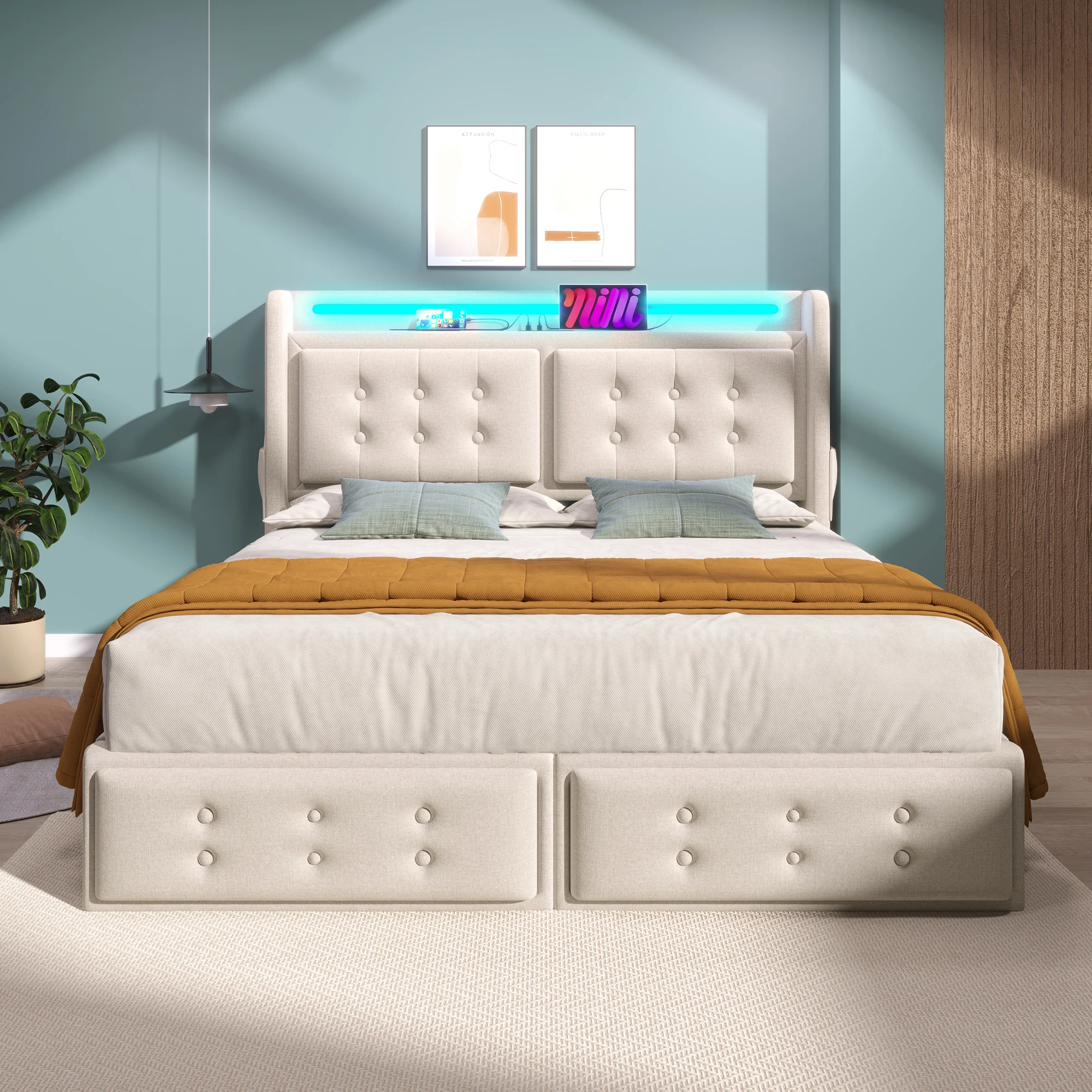 Polsterbett 180x200 cm mit Stauraum und 4 Schubladen, Doppelbett Beige aus Baumwoll-Leinenstoff mit LED-Kopfteil, USB/Type-C, Steckdosen, Lattenrost, ohne Matratze