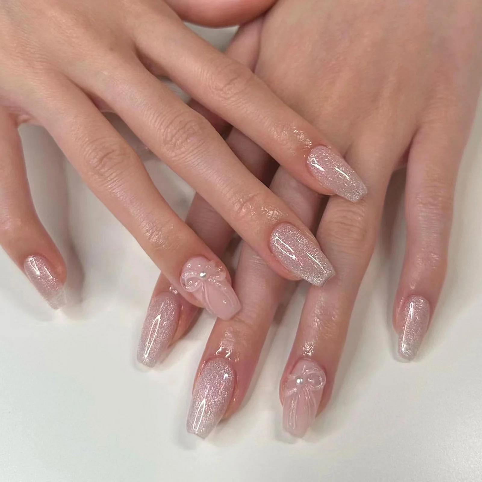 24 Stück rosa 3D-Schleifen-Kunstnägel, Mandel-Press-on-Nägel, künstliches Maniküre-Werkzeug, Press-on-Nägel, Nagelspitzen, tragbare Kunstnägel Image