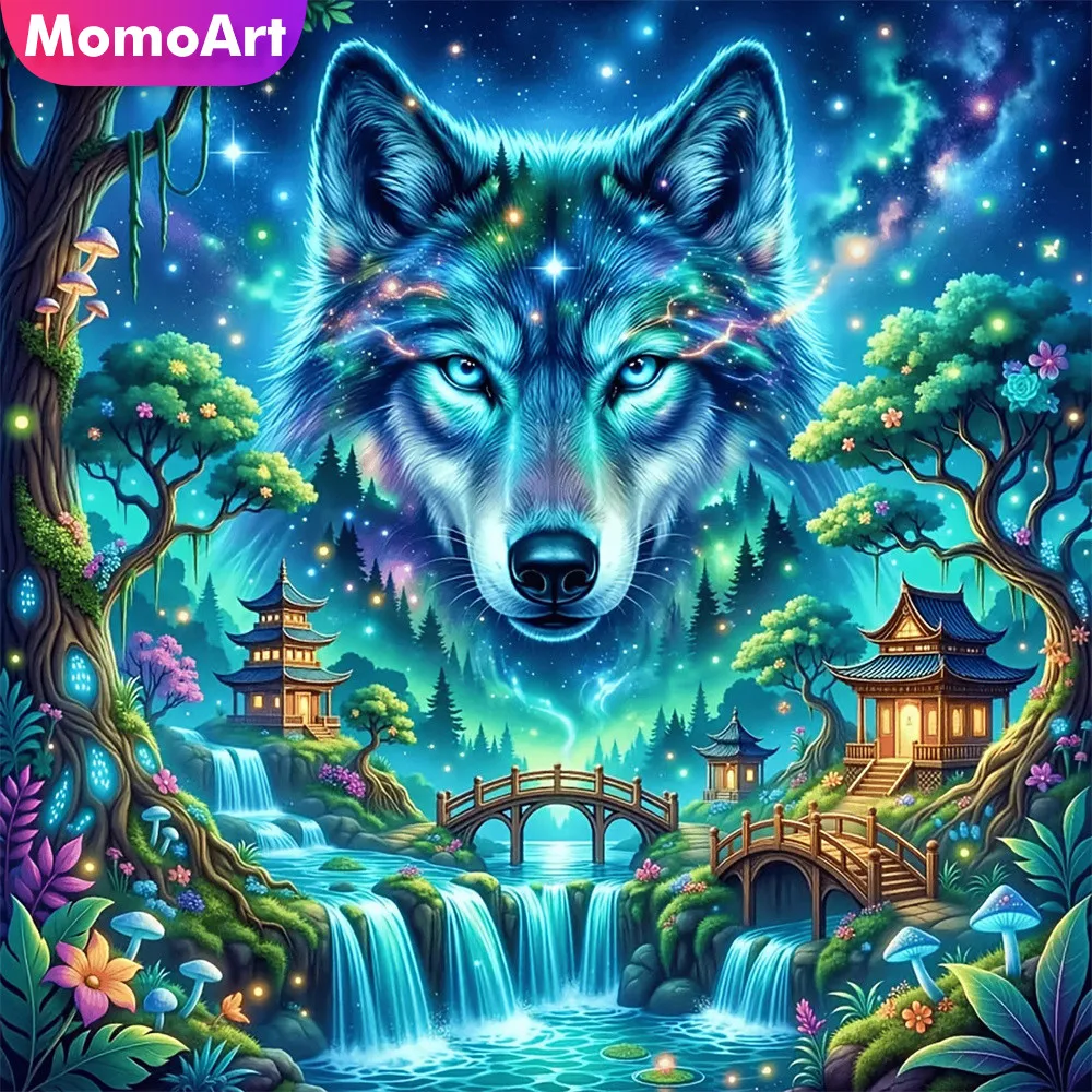Momoart Diamantmalerei Wolf Tier Vollquadrat Rund Mosaik Turm Bild Strass Stickerei Baum Bastelset Handgemachtes Hobby Image