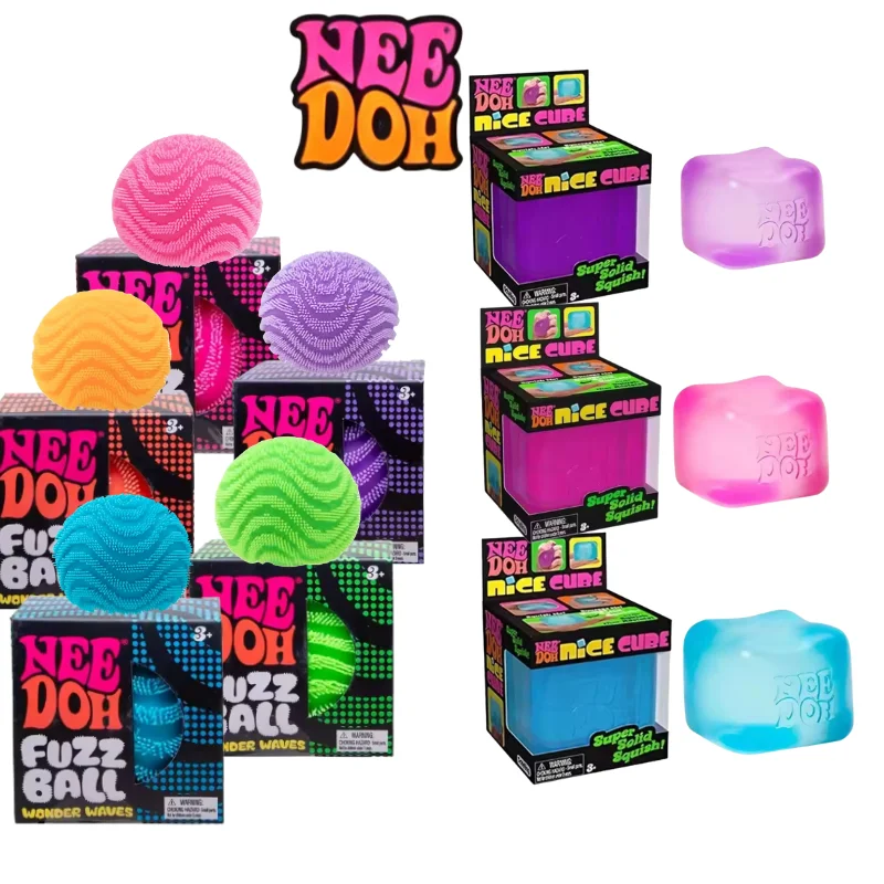 Schylling Nee Doh Fuzz Ball & Nice Cube, Weicher Gel-Squeeze-Stressabbau-Fidget-Spielzeug, Sensorisches NeeDoh für Kinder & Erwachsene Image