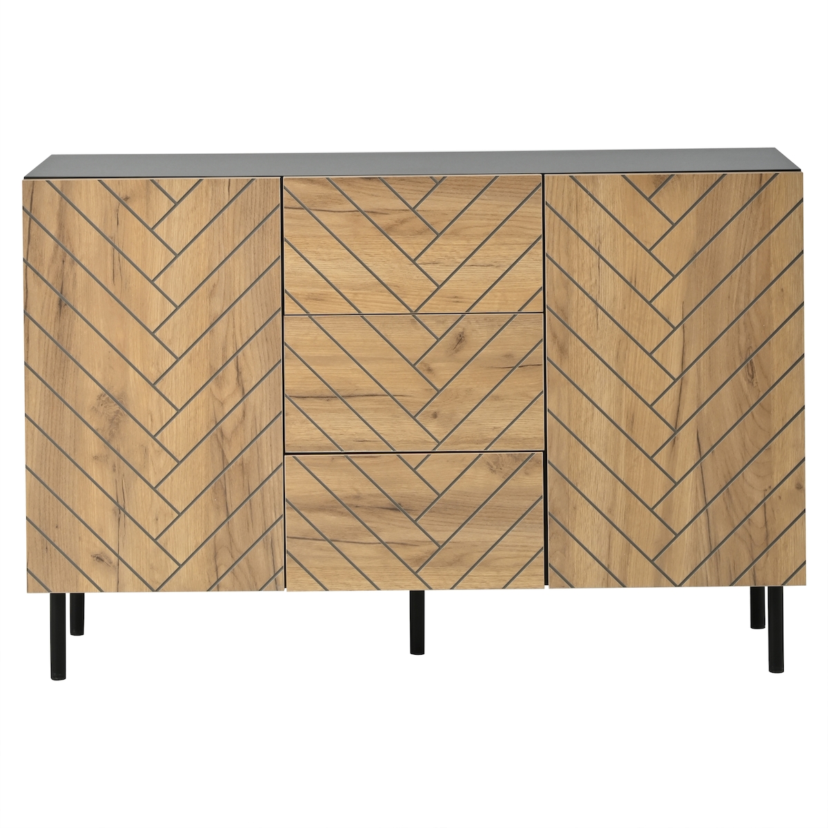 OKWISH Sideboard aus Spanplatte in Naturholzoptik/Schwarz, 120 x 40 x 76 cm, mit 3 Schubladen und 2 Schränken Image